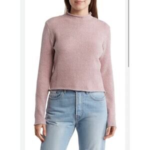 Cotton Emporium Women's Pink/Gray Striped Rolled Mock Neck Crop Sweater M NWOT